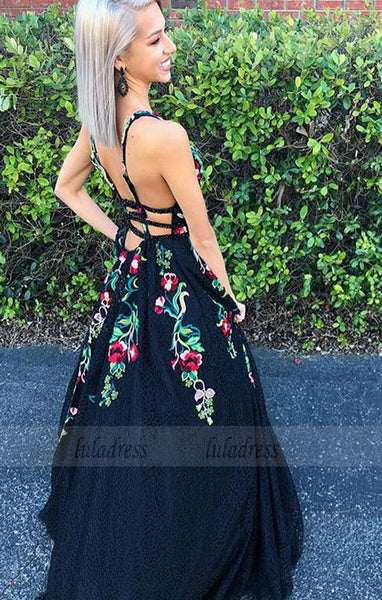 Charming Black A-Line Tulle Deep V-Neck Backless Applique Prom Dress,BD98659