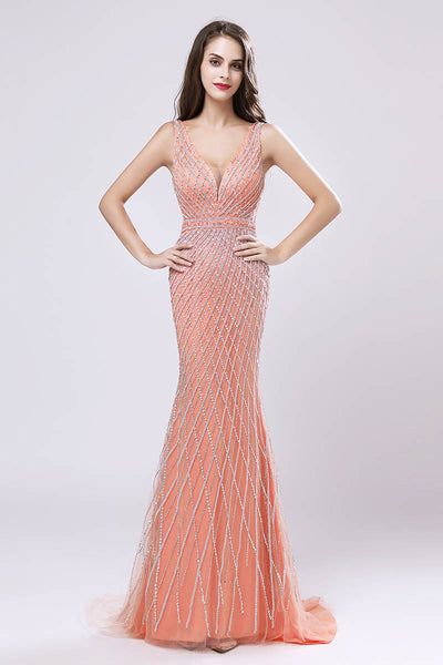 Formal V-neck Mermaid Beaded Long Evening Dress, LX495