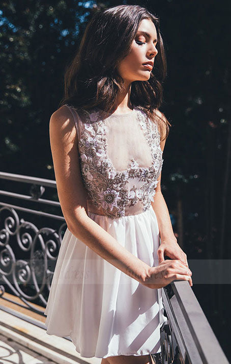 White round neck chiffon short prom dress, cute homecoming dress