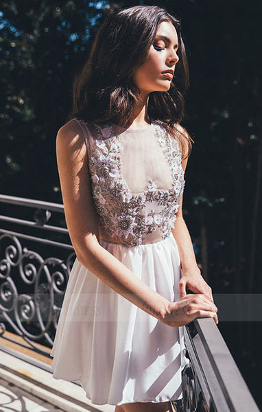 White round neck chiffon short prom dress, cute homecoming dress,BD98446