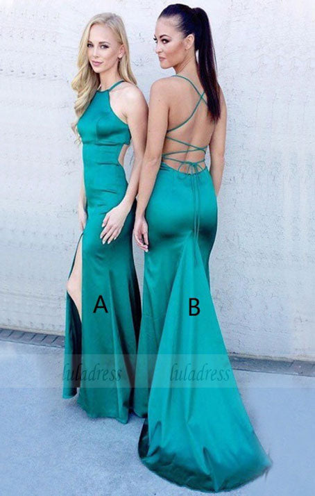 Mermaid Jewel Sleeveless Sweep Train Turquoise Prom Dress with Split,BD99812