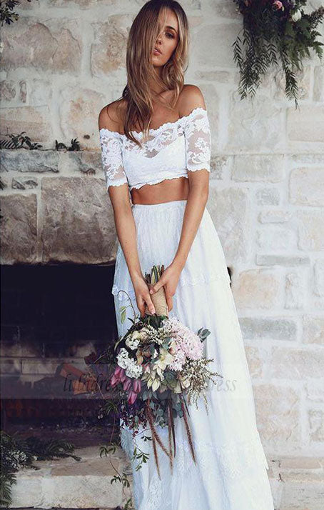 lace wedding dress beach wedding Chic Tulle A line Ivory V neck Summer and delicate Lace work Classic Beach Long Sleevess Backless