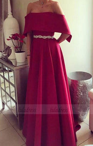 A-line Strapless Short Sleeves Sweep Train Burgundy Satin Prom Dress with Beading,BD98972