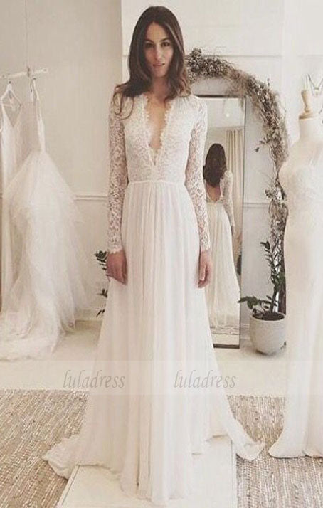 Sexy Chiffon Long Sleeve Wedding Dress,Lace V-neck Sweep Train Bridal Gown