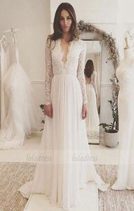 Sexy Chiffon Long Sleeve Wedding Dress,Lace V-neck Sweep Train Bridal Gown,BD99008