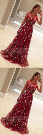 A-Line Crew Sweep Train Flower Print Burgundy Tulle Prom Dress with Belt