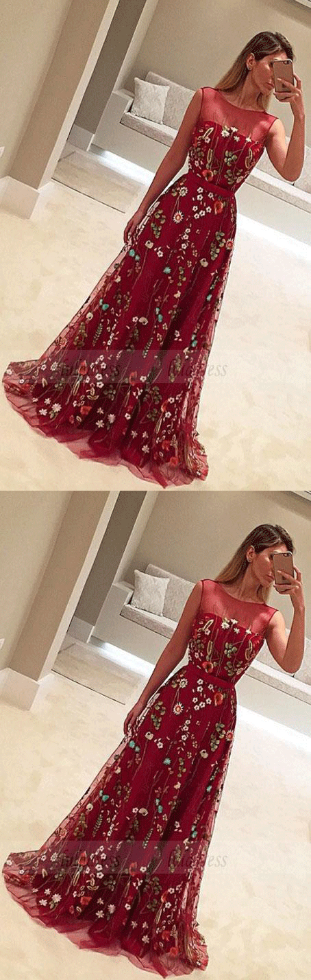 A-Line Crew Sweep Train Flower Print Burgundy Tulle Prom Dress with Belt
