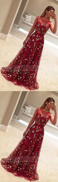 A-Line Crew Sweep Train Flower Print Burgundy Tulle Prom Dress with Belt,BD99816