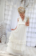 V-neck Long Lace Chiffon Flower Girl Dresses