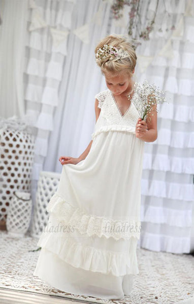 V-neck Long Lace Chiffon Flower Girl Dresses,BD99877