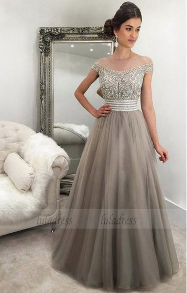 Off-the-Shoulder Floor-Length Light Grey Tulle Prom Dress with Beading,BD99083