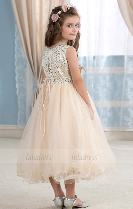 Girls' Gold Sequined Tulle Flower Girl Dress for Wedding Party