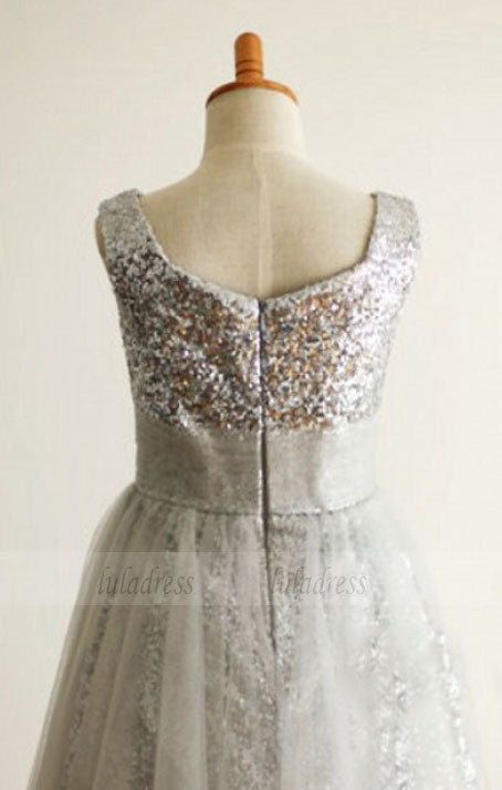 A-Line Jewel Tea-Length Silver Tulle Sequined Flower Girl Dress