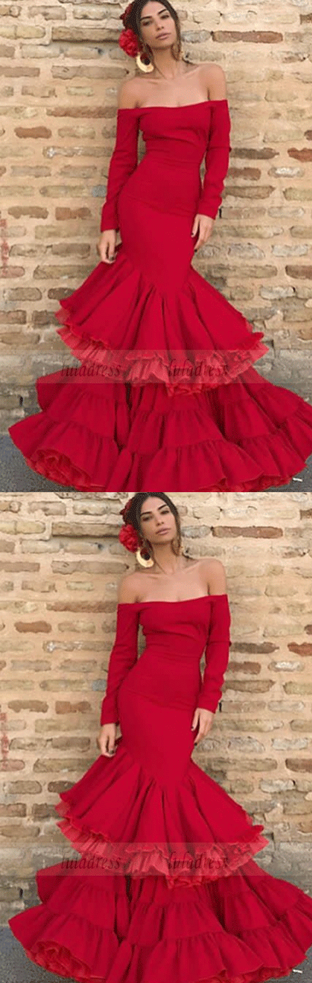 Off the Shoulder Prom Dresses,Long Sleeve Prom Dresses,Mermaid Prom Dresses