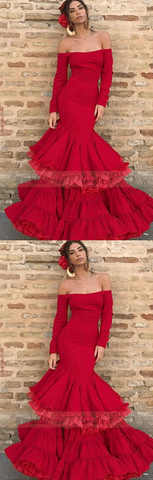 Off the Shoulder Prom Dresses,Long Sleeve Prom Dresses,Mermaid Prom Dresses