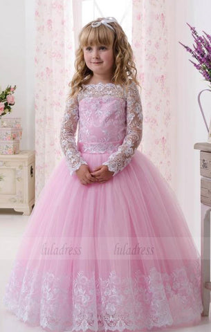 Lace Long Sleeves Ball Gown Pink Flower Girl Dresses,BD99750