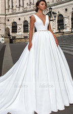 deep v-neck white long wedding dress