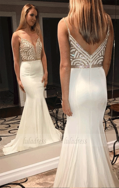 Mermaid Spaghetti Straps Sweep Train Ivory Prom Dress with Beading