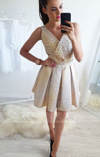 A-Line V-Neck Above-Knee Homecoming Dress with Beading Pleats