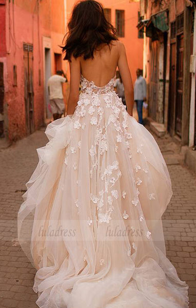 Tulle Glamorous Flowers V-Neck Sleeveless Wedding Dress,BD99857