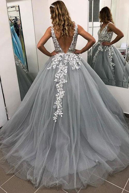 Gray V Neck Tulle Lace Long Prom Dress,Gray Tulle Evening Dress