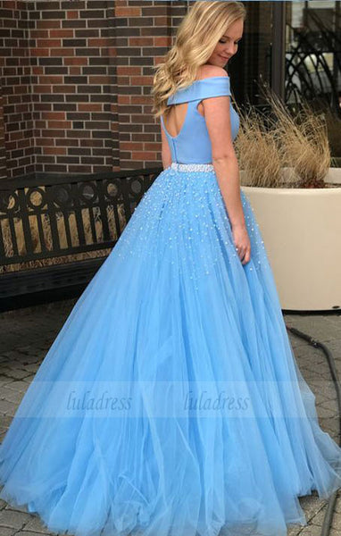 Two Piece Prom Dress Tulle Off The Shoulder Formal Gown With Beading,BD99881
