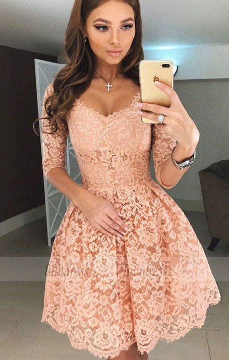 A-Line Scoop Half Sleeves Short Apricot Lace Homecoming Dresses