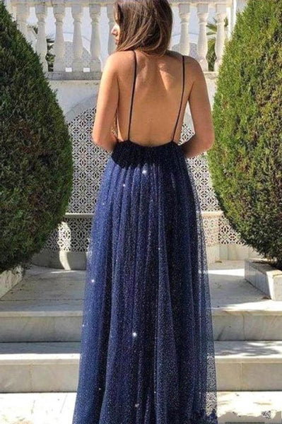 Sexy Deep V Neck Dark Blue Spaghetti Straps Prom Dresses Long,PD21005