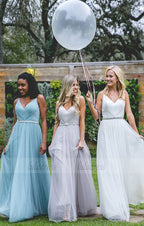 Long Bridesmaid Dress, Tulle Bridesmaid Dress, V-Neck Bridesmaid Dress