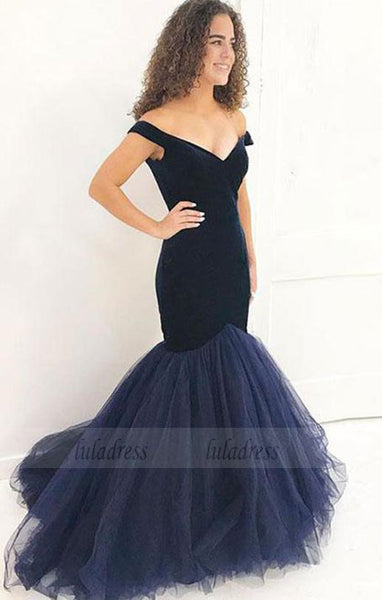 Mermaid dark blue long prom dress, velvet evening dress,BD99009