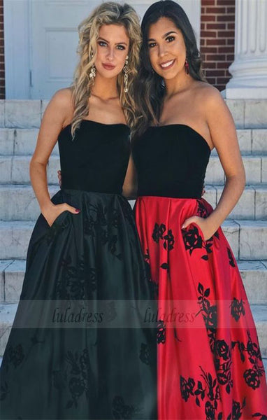A-Line Strapless Black Satin Prom Dress with pocket,BD98634