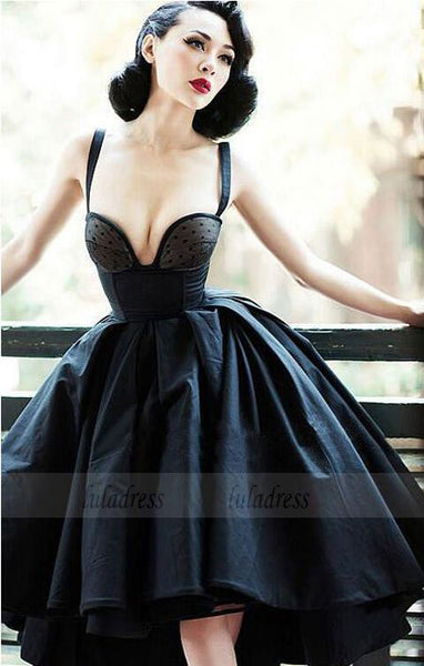 Vintage A-Line Straps Black Satin High Low Homecoming/Prom Party Dress,BD98176