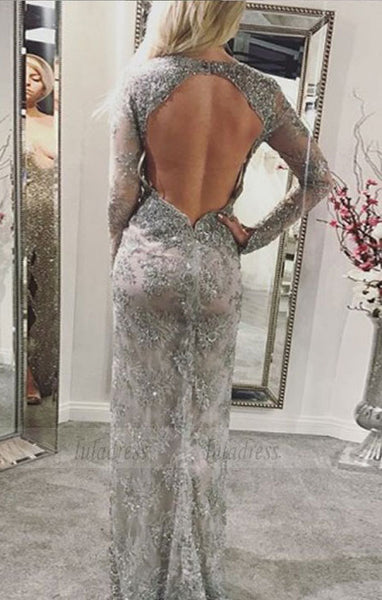 long sleeves mermaid prom dresses, elegant v neck open back evening gowns, modest high slit party dresses with sleeves,BD98748