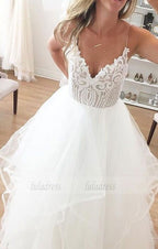 Charming A-Line V-Neck White Tulle Long Prom/Wedding Dress with Lace Appliques