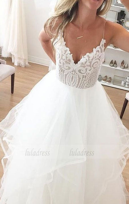 Charming A-Line V-Neck White Tulle Long Prom/Wedding Dress with Lace Appliques
