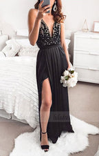 modest party dresses with high slit,sexy black spaghetti straps formal dresses