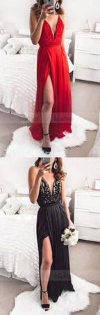 modest party dresses with high slit,sexy black spaghetti straps formal dresses