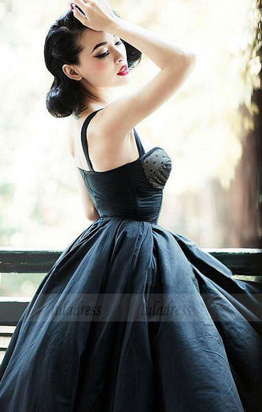 Vintage A-Line Straps Black Satin High Low Homecoming/Prom Party Dress,BD98176