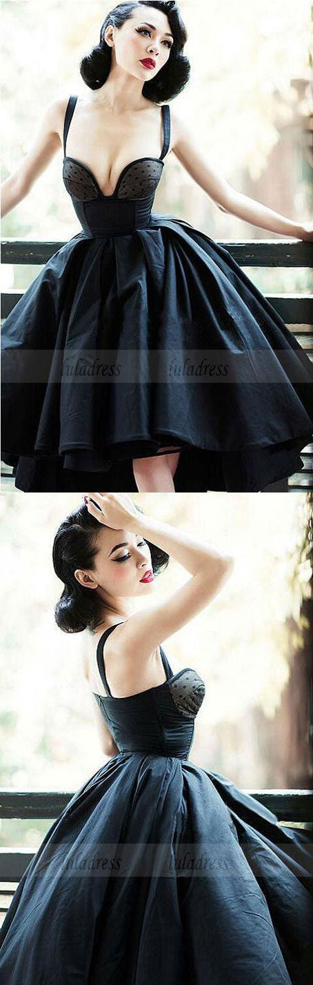 Vintage A-Line Straps Black Satin High Low Homecoming/Prom Party Dress - Pic Color / US0 Vintage A-Line Straps Black Satin High Low Homecoming/Prom Party Dress - Pic Color / US0