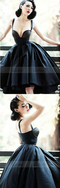 Vintage A-Line Straps Black Satin High Low Homecoming/Prom Party Dress,BD98176
