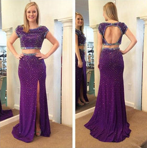 purple prom dress,long Prom Dress,beaded prom dress,two pieces prom dress,open back evening dress,BD2889