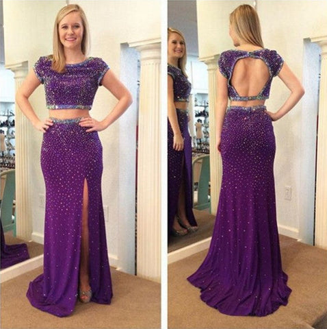 purple prom dress,long Prom Dress,beaded prom dress,two pieces prom dress,open back evening dress