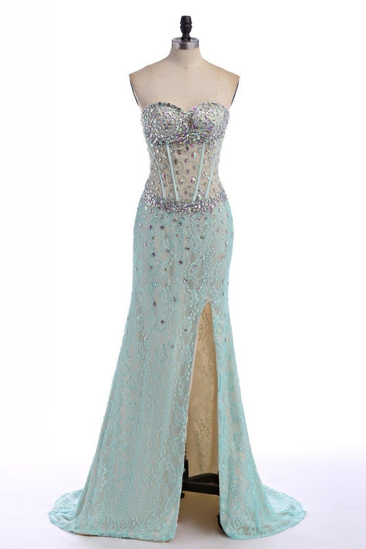 light blue prom dress,long Prom Dress,strapless prom dress,side slit prom dress,charming evening dress