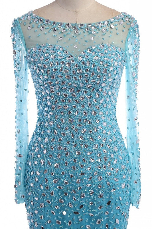blue prom dress,long Prom Dress,beaded prom dress,long sleeves prom dress,beaded evening dress