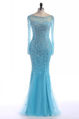 blue prom dress,long Prom Dress,beaded prom dress,long sleeves prom dress,beaded evening dress
