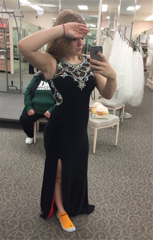 black Prom Dresses,long prom dress,beaded prom Dress,side slit prom dress
