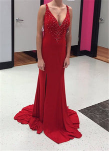 red Prom Dress,v-neck prom dress,beaded prom dress,side slit prom dress,see through prom dress,BD3001