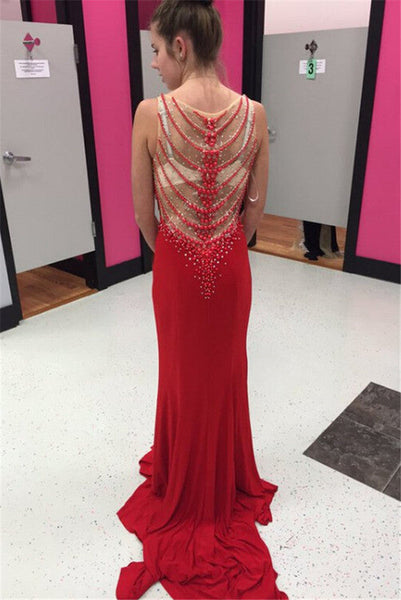 red Prom Dress,v-neck prom dress,beaded prom dress,side slit prom dress,see through prom dress,BD3001