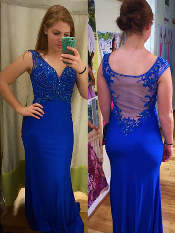 royal blue Prom Dress,Long Prom Dress,v-neck Prom Dress,see through back Prom Dress,charming Prom Dress, BD2988