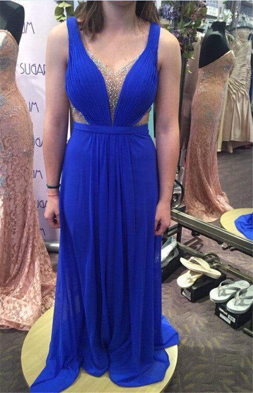 royal blue evening Dress,chiffon Prom Dress,beaded prom dress,long prom dress,charming evening dress